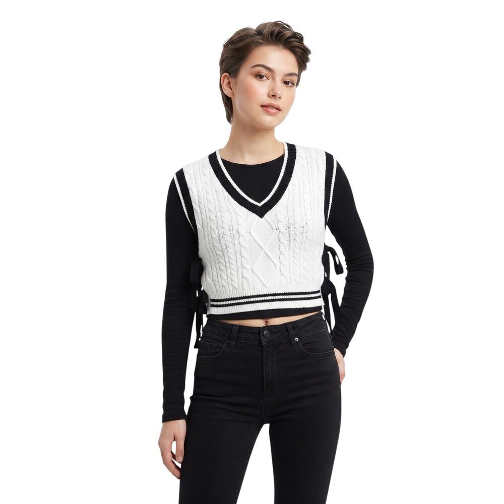 Day + Moon White Black Tie Cropped Sweater Vest Medium